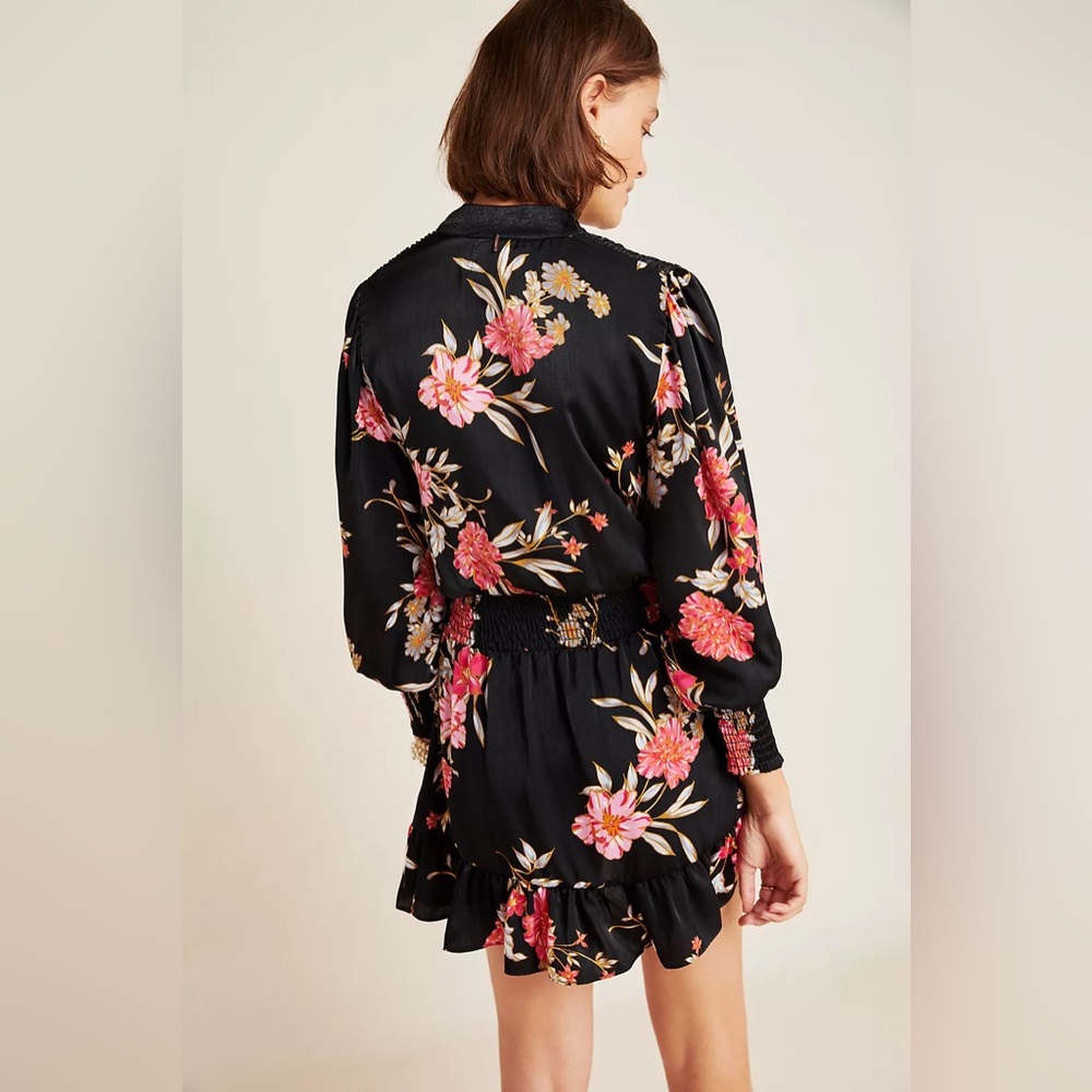 Misa Los Angeles Iyana Tie-Neck Smocked Waist Mini Dress Black Floral Size Large - Picture 3 of 10